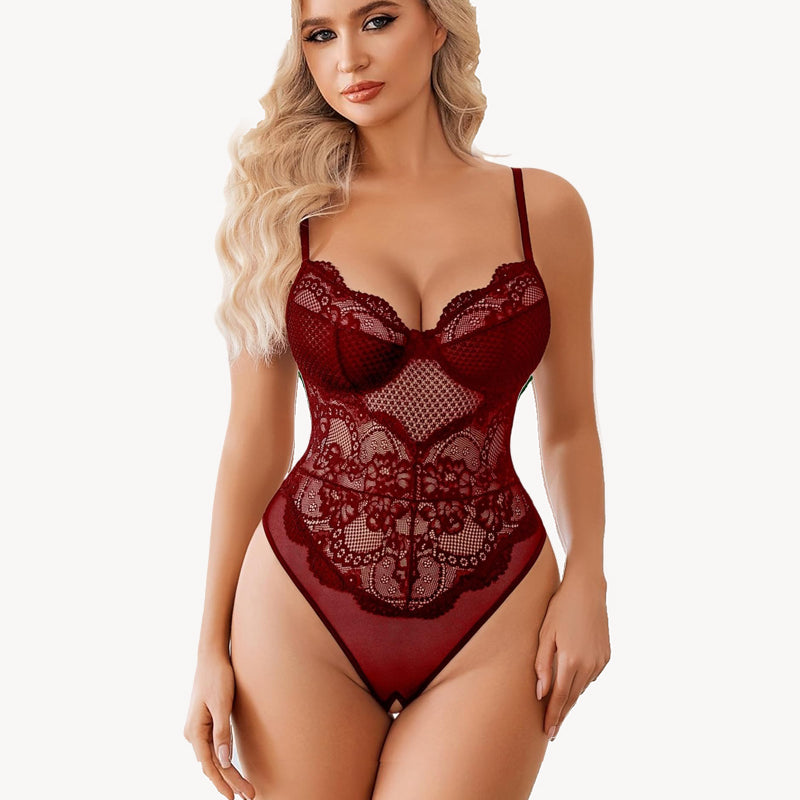Burgundy lace cut-out babydoll teddy lingerie with adjustable straps and crotchless design