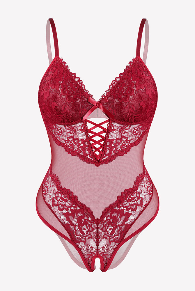 Red lace V-neck mini bodysuit with lace detail, perfect for romantic nights and special occasions