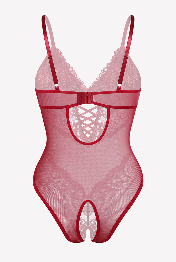 Red lace V-neck mini bodysuit with open crotch detail, ideal for romantic nights