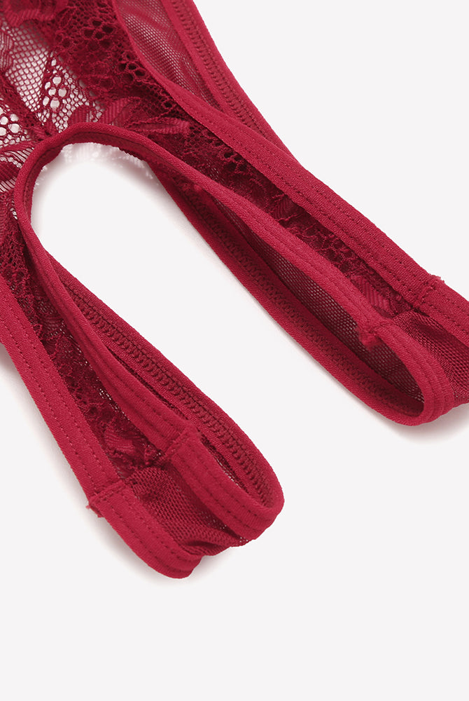 Red lace V-neck mini bodysuit detail, featuring delicate lace, ideal for romantic nights.