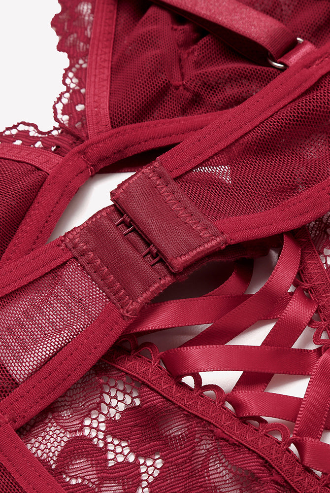 Red lace V-neck bodysuit with lace detail and adjustable straps, ideal for romantic nights