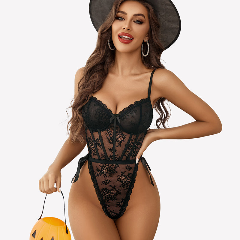 Deep V Lace Bodysuit Satiny Side Ties