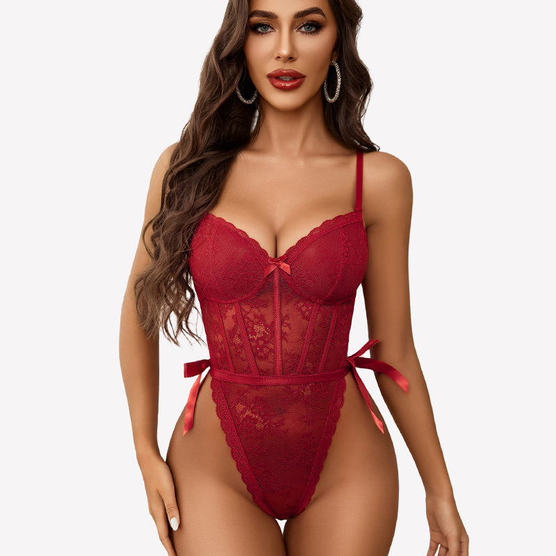 Deep V Lace Bodysuit Satiny Side Ties