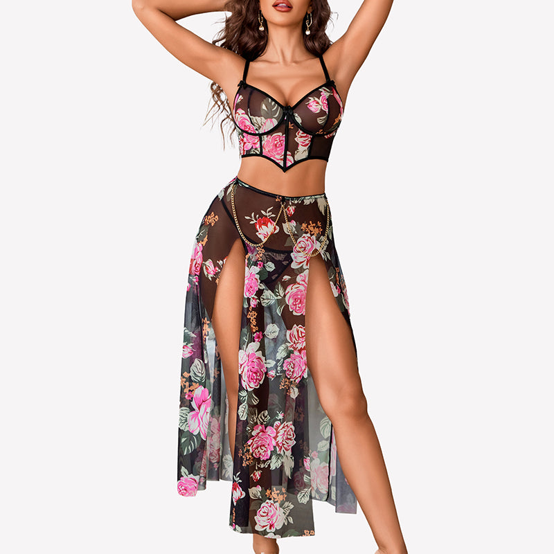 3-teiliges Nachthemd-Set aus Netzstoff mit seitlichem Schlitz