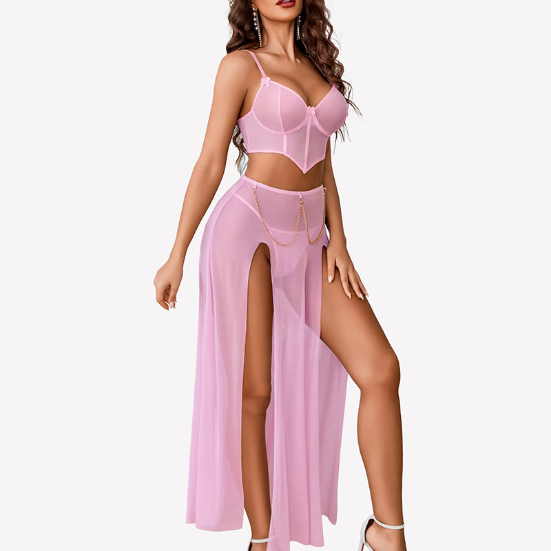 3-teiliges Nachthemd-Set aus Netzstoff mit seitlichem Schlitz