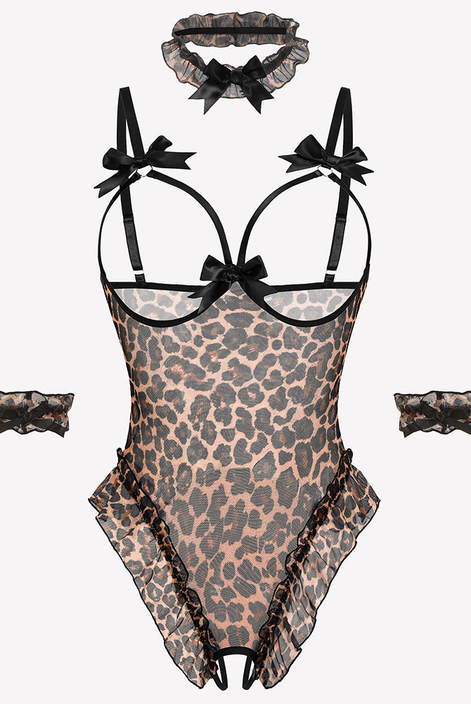Leopard print sheer mesh teddy bodysuit set with bows, ruffles, choker, and cuffs. Sensual lingerie.