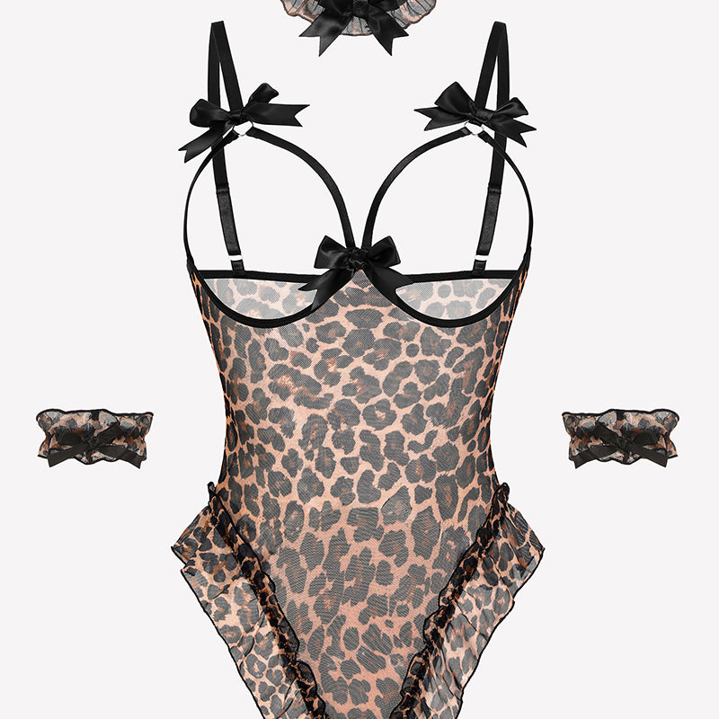Leopard print sheer mesh teddy bodysuit set with bows, ruffles, choker, and cuffs. Sensual lingerie.