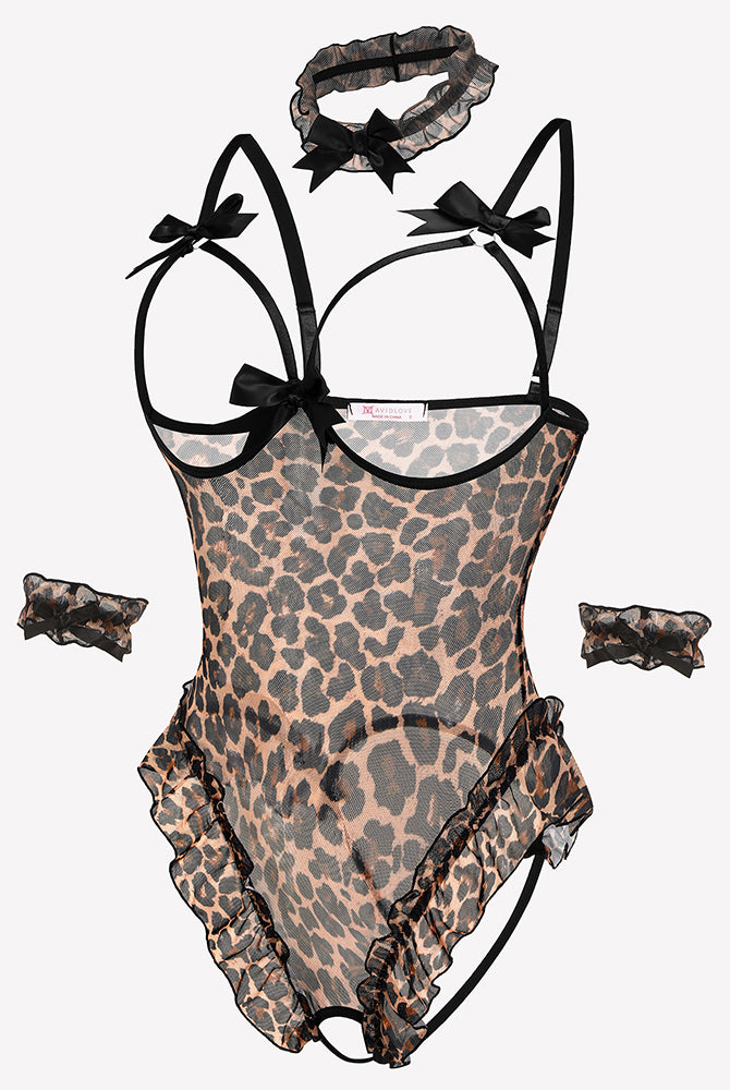 Leopard print mesh teddy bodysuit set with bows and ruffles, perfect for a sensual look.