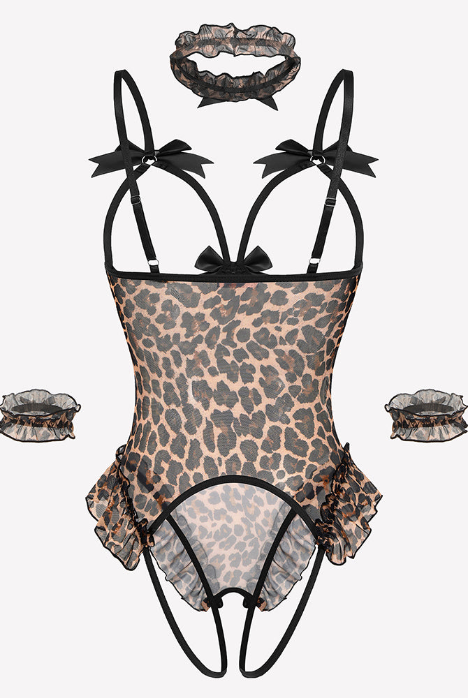 Leopard print mesh teddy bodysuit set with bows, ruffles, choker, and cuffs. Sensual lingerie.