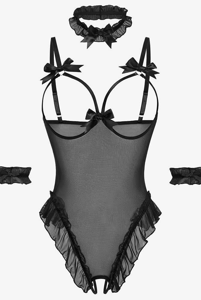 Black sheer mesh teddy bodysuit set with bows and ruffles, perfect for a sensual and confident look.