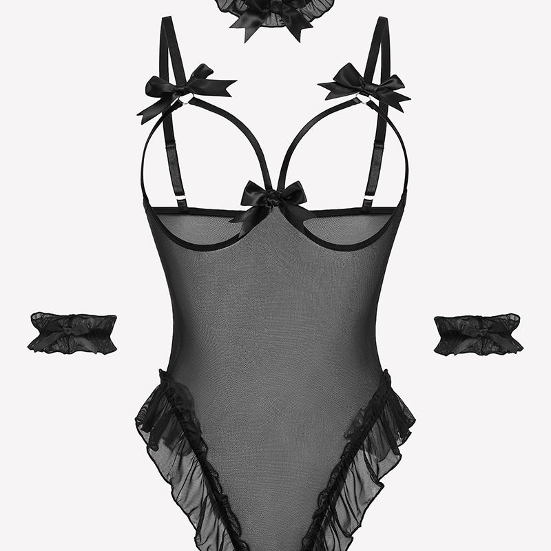 Black sheer mesh teddy bodysuit set with bows and ruffles, perfect for a sensual and confident look.