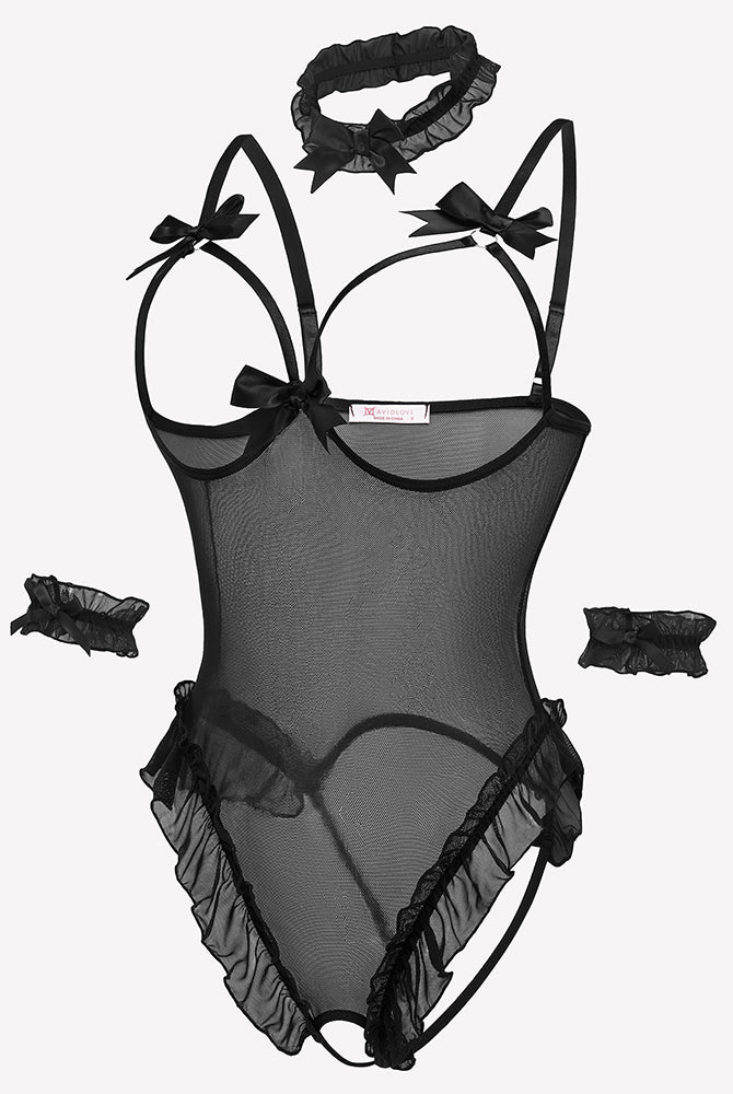 Sheer mesh teddy bodysuit set with bows, ruffles, choker, and cuffs. Sensual lingerie.