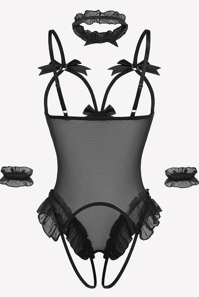 Black sheer mesh teddy bodysuit set with bows, ruffles, choker, and cuffs. Sensual lingerie.