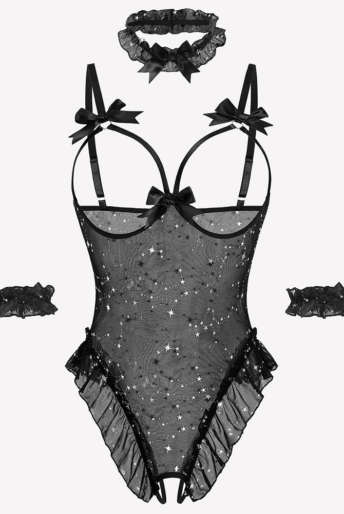 Sheer mesh teddy bodysuit set with bows, ruffles, choker, and cuffs. Perfect for a sensual look.