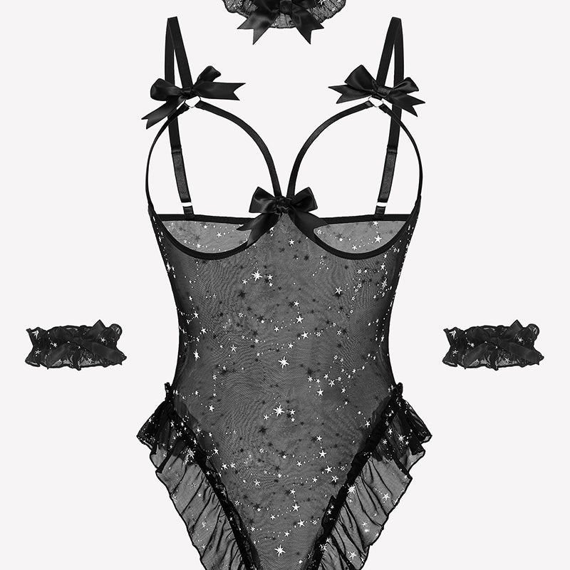 Sheer mesh teddy bodysuit set with bows, ruffles, choker, and cuffs. Perfect for a sensual look.