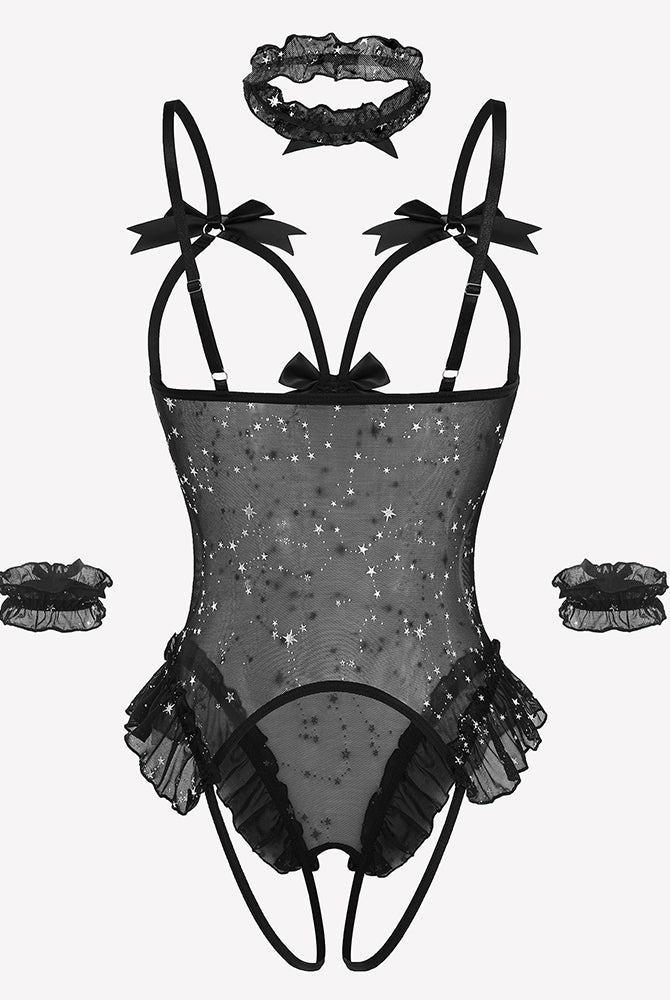 Black mesh teddy bodysuit set with bows, ruffles, choker, and cuffs. Sensual lingerie.