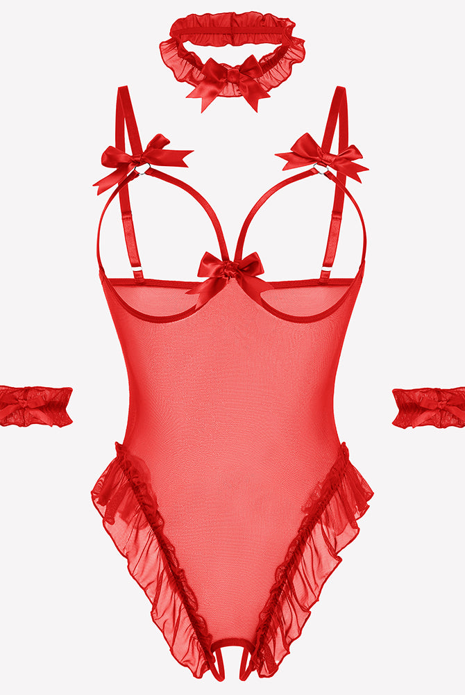Red sheer mesh teddy bodysuit set with bows, ruffles, choker, and cuffs. Sensual lingerie.