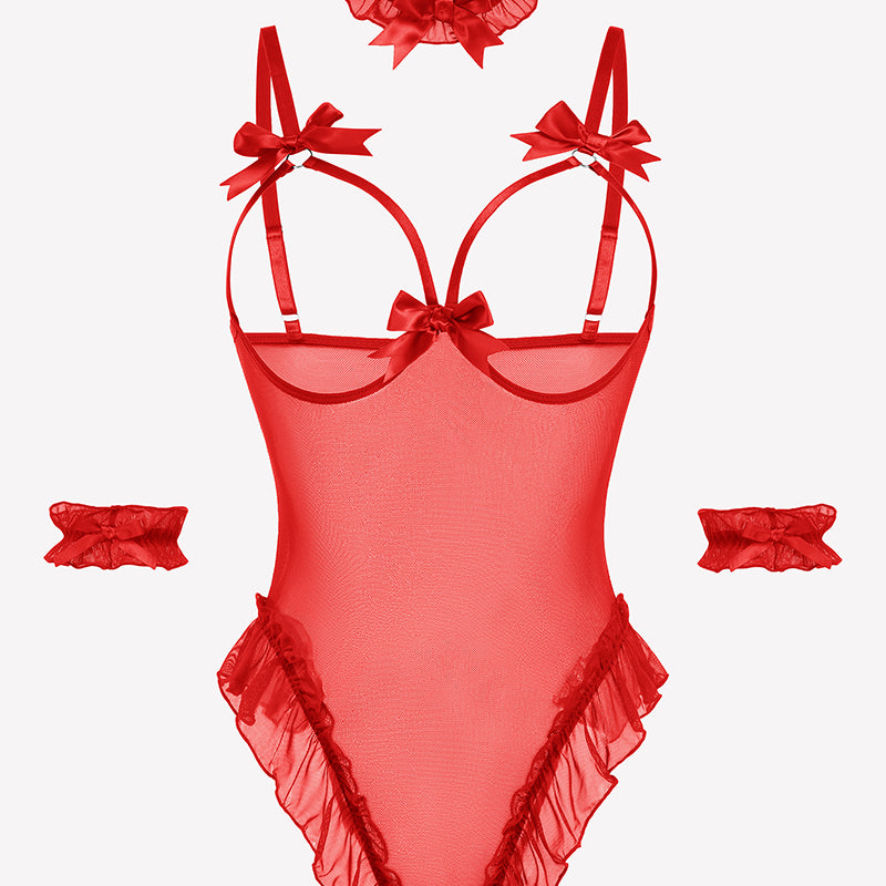Red sheer mesh teddy bodysuit set with bows, ruffles, choker, and cuffs. Sensual lingerie.