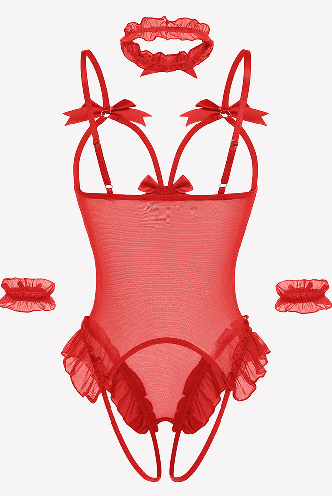 Red mesh teddy bodysuit set with bows, ruffles, choker, and cuffs. Perfect for a sensual look.
