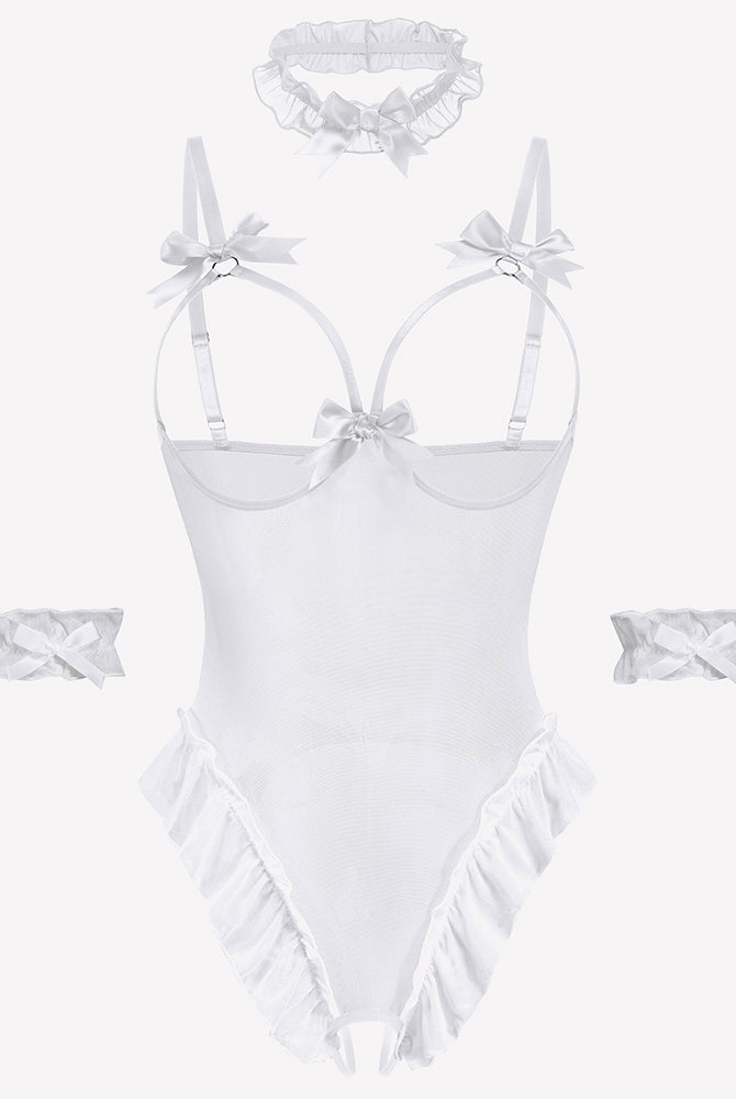 White sheer mesh teddy bodysuit set with bows, ruffles, choker, and cuffs. Sensual lingerie.