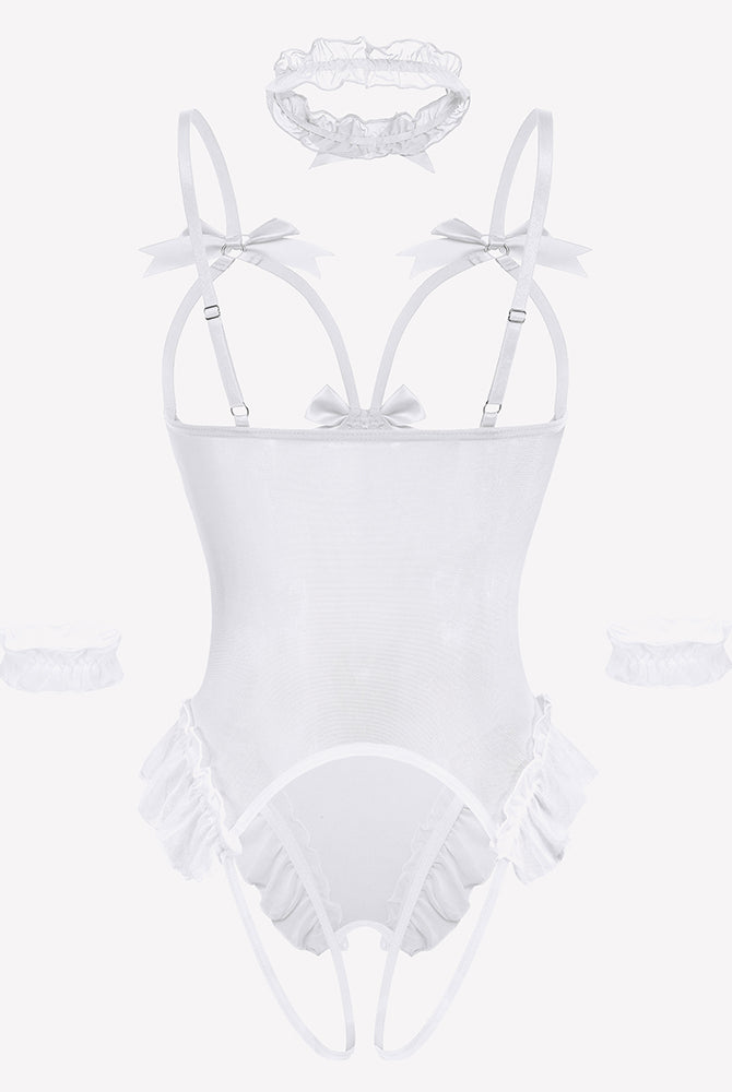 White mesh teddy bodysuit set with bows, ruffles, choker, and cuffs. Sensual lingerie.