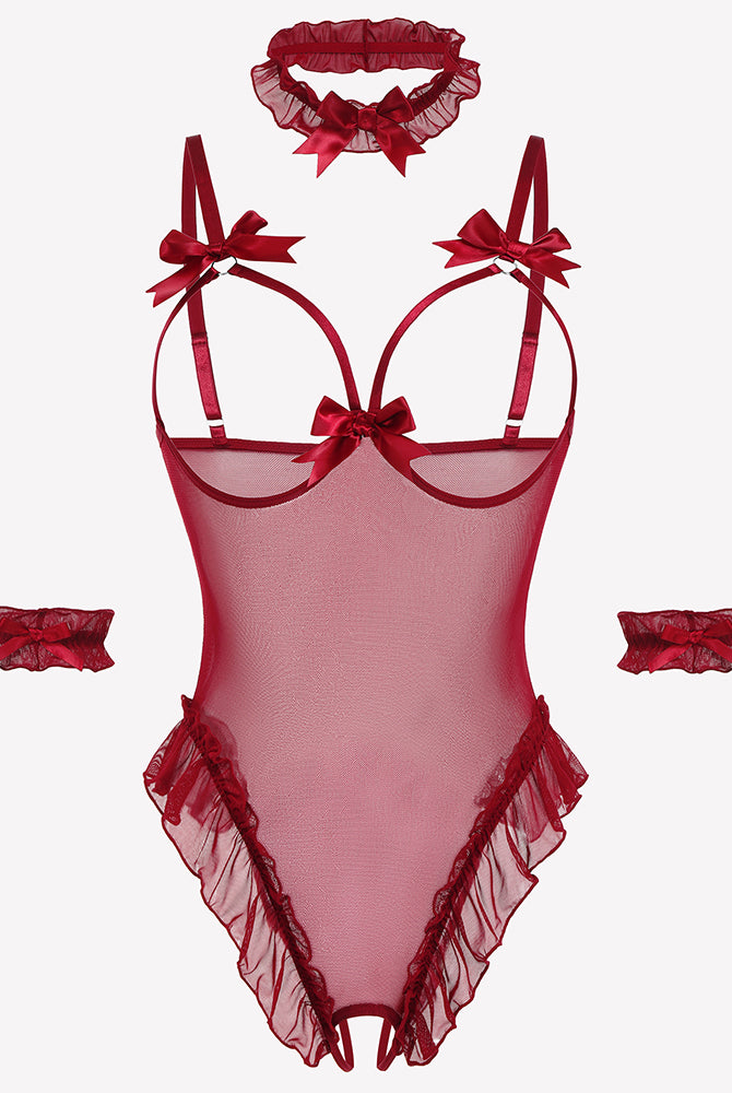 Sheer red mesh teddy bodysuit set with bows, ruffles, choker, and cuffs. Sensual lingerie.