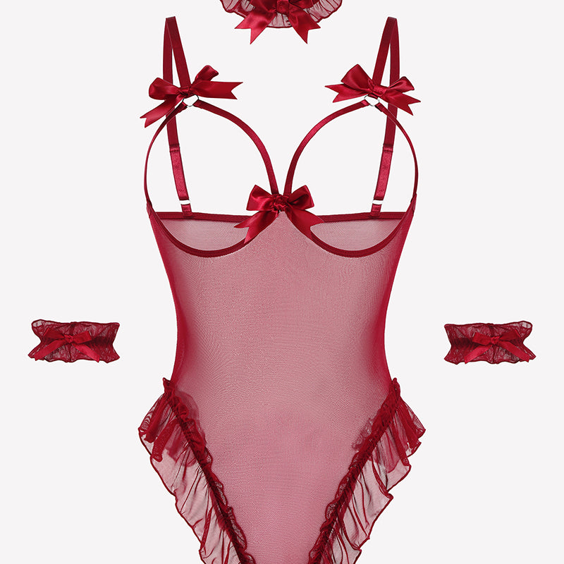 Sheer red mesh teddy bodysuit set with bows, ruffles, choker, and cuffs. Sensual lingerie.