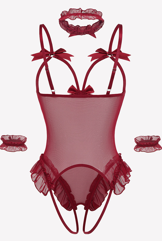 Deep red mesh teddy bodysuit set with bows, ruffles, choker, and cuffs. Perfect for a sensual look.