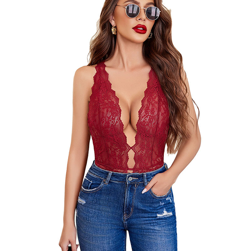 Burgundy lace deep V-neck bodysuit with adjustable straps, ideal for date night or honeymoon