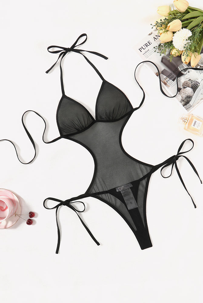 Avidlove black mesh deep V teddy bodysuit. Sexy cut-out lingerie for women.