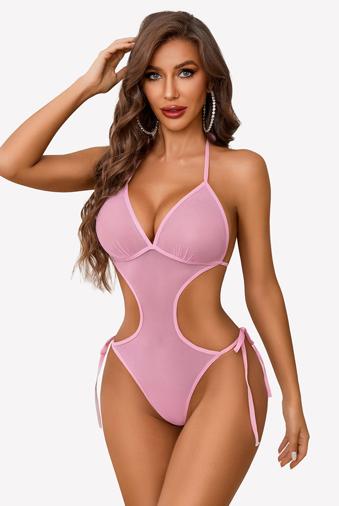 Pink mesh deep V teddy bodysuit. Sexy cut-out lingerie for women.