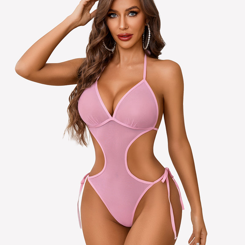 Pink mesh deep V teddy bodysuit. Sexy cut-out lingerie for women.