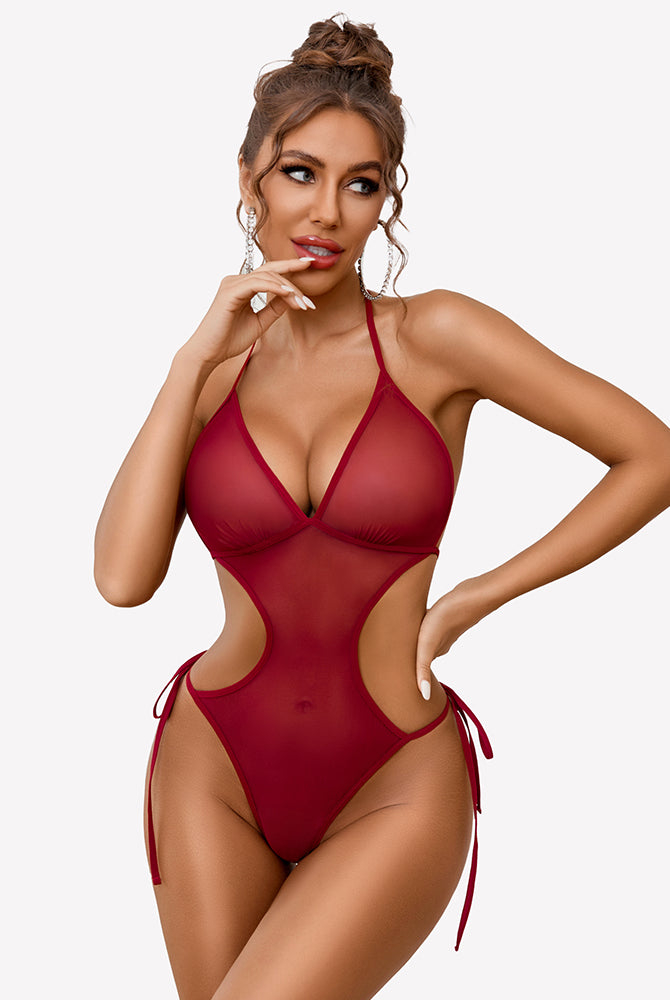 Deep red mesh bodysuit with cut-out design and tie details. Sexy lingerie for women by Avidlove.