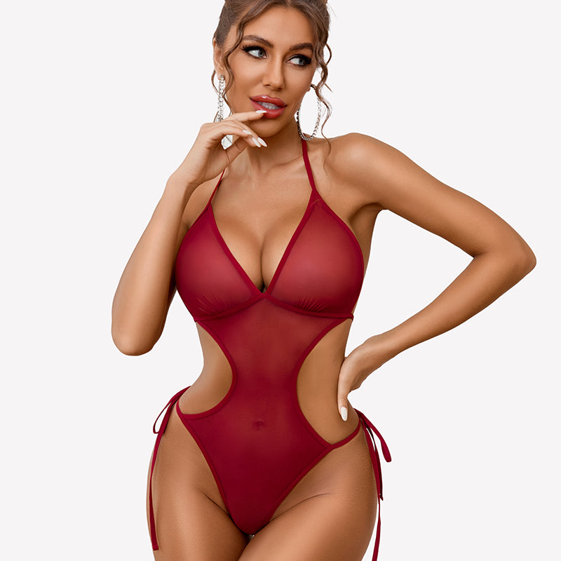 Deep red mesh bodysuit with cut-out design and tie details. Sexy lingerie for women by Avidlove.