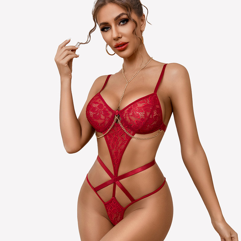 Einteiliger Bodysuit mit Spitzenausschnitt