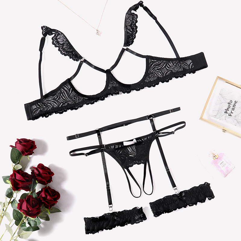 Floral Lace Bra and Panty Garter Sets