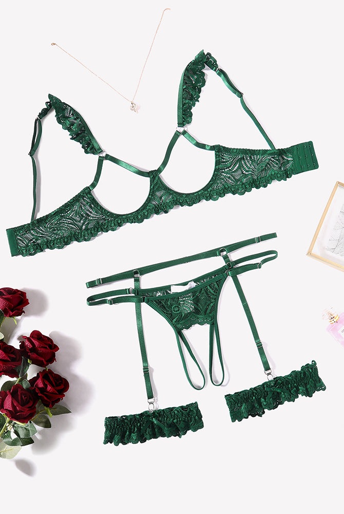 Green floral lace lingerie set with garter belt, bra, and panty, perfect for a romantic night.