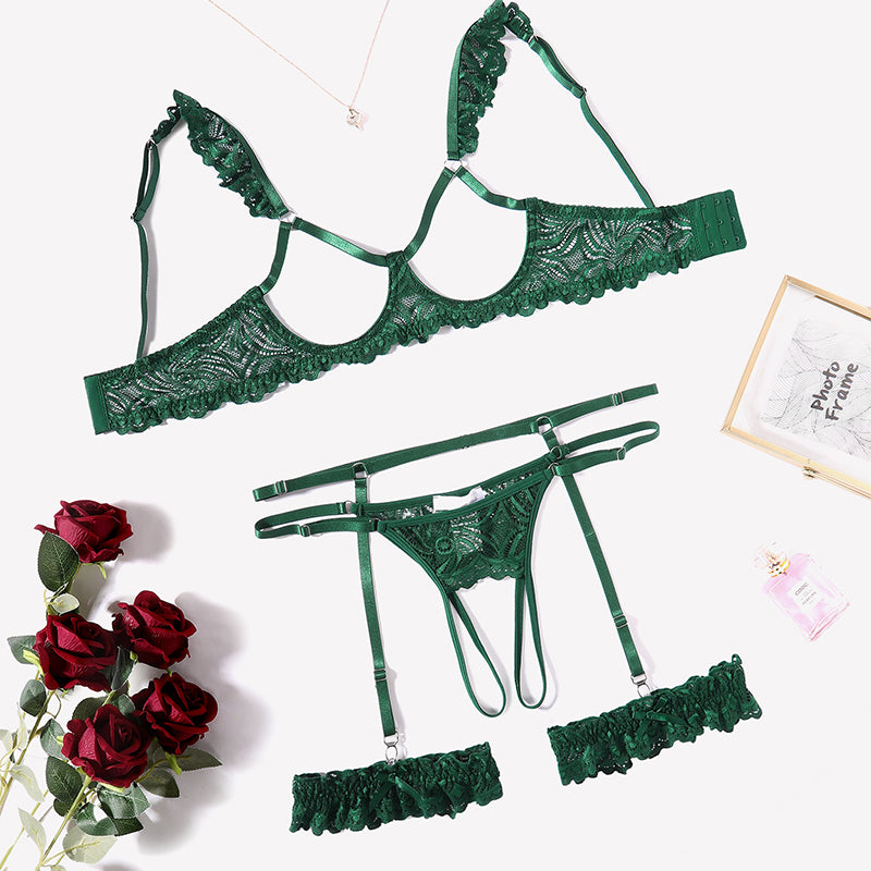 Floral Lace Bra and Panty Garter Sets