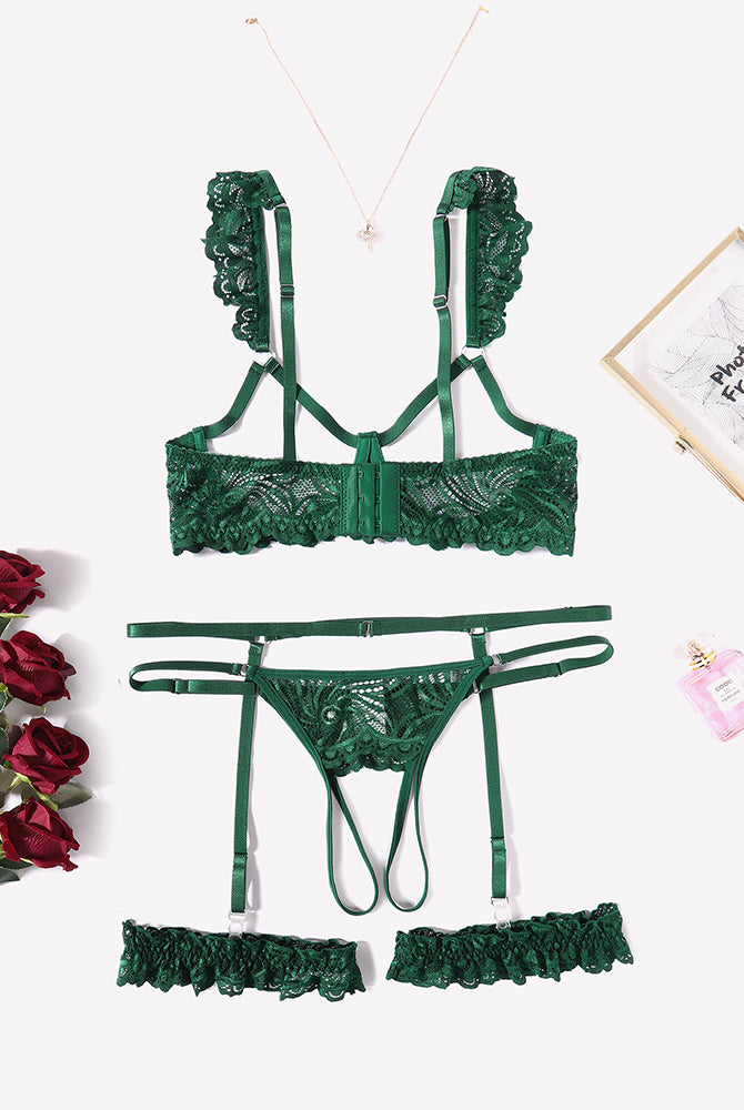 Emerald green floral lace lingerie set with garter belt, bra, and panty, ideal for special nights.