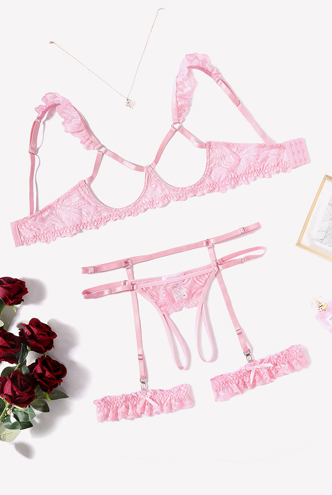 Pink floral lace lingerie set with garter belt, perfect for a romantic night; Avidlove lingerie