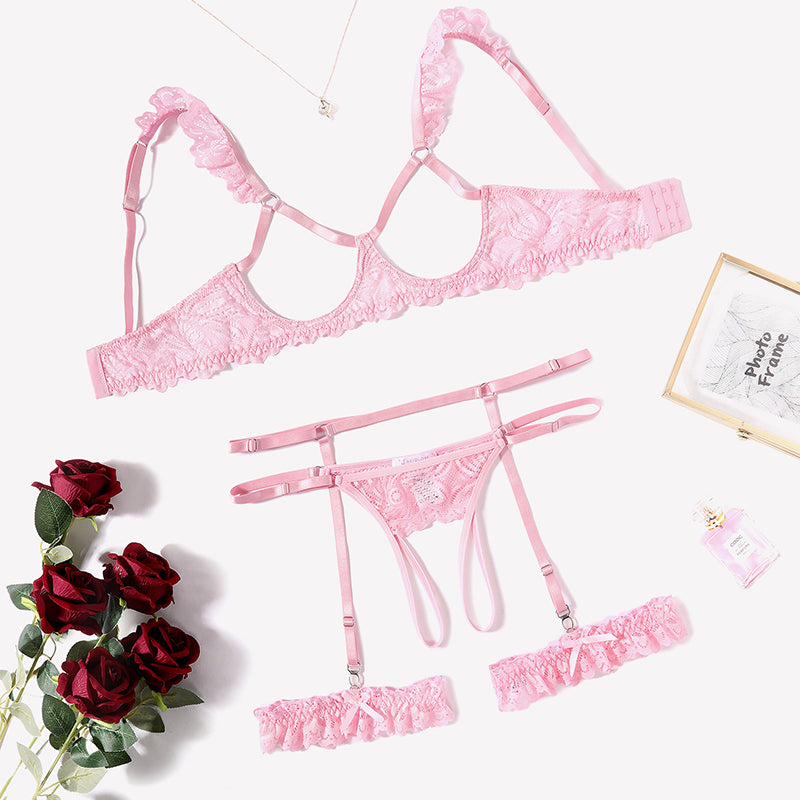 Floral Lace Bra and Panty Garter Sets