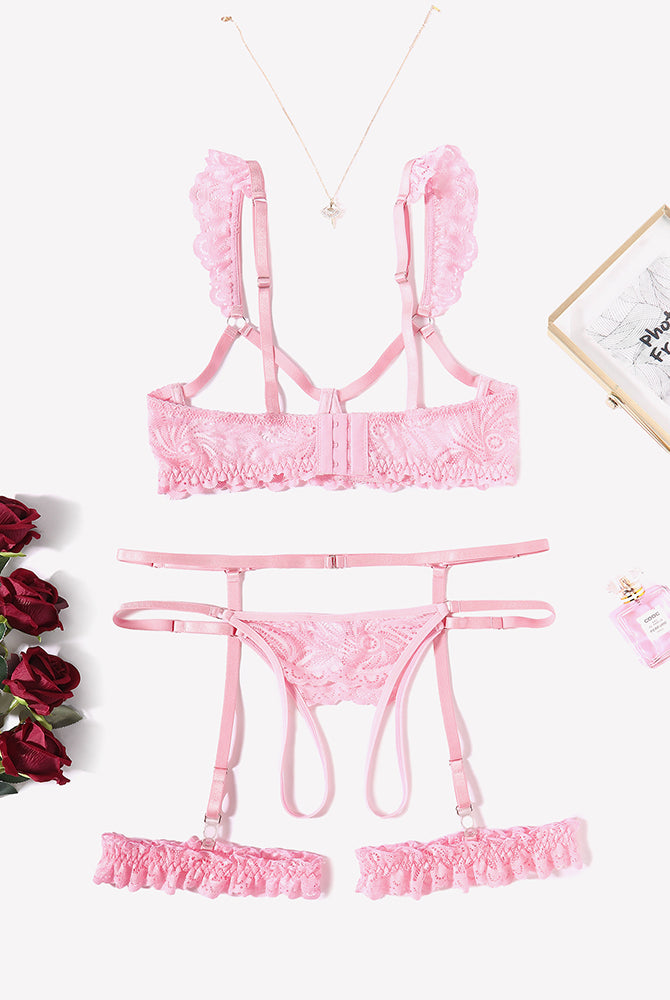 Pink floral lace lingerie set with garter belt, bra, and panty, perfect for a romantic night