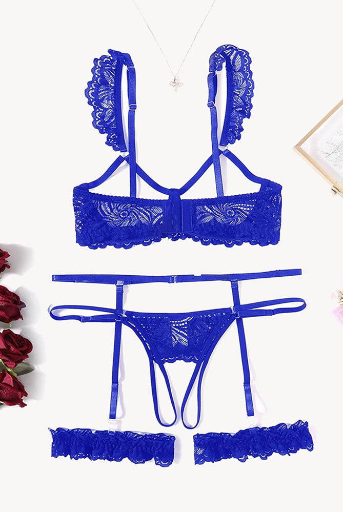 Blue floral lace lingerie set with garter belt, bra, thong, and leg rings. Romantic nightwear.