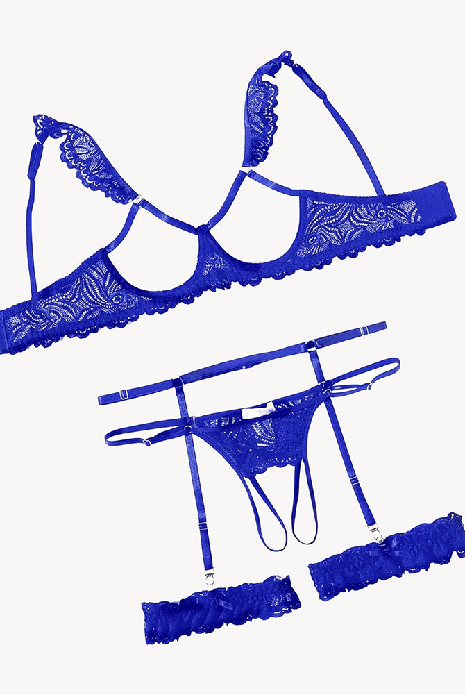 Blue lace lingerie set: bra, garter belt, thong, and leg rings. Perfect for a romantic night.