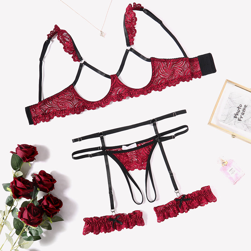 Floral Lace Bra and Panty Garter Sets