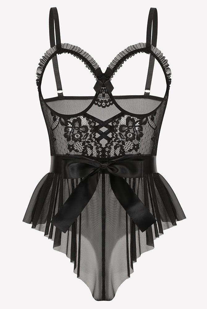 Black lace ruffle mesh bodysuit front, lace cups, crisscross detail, satin ribbon tie