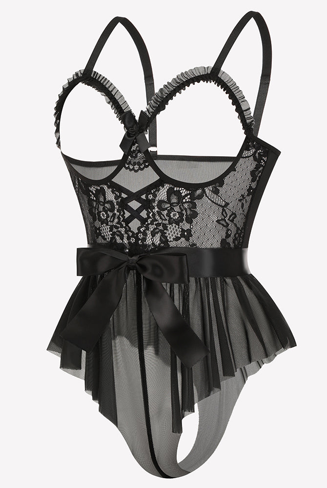 Black lace ruffle mesh bodysuit front with satin bow tie, scalloped cup edges