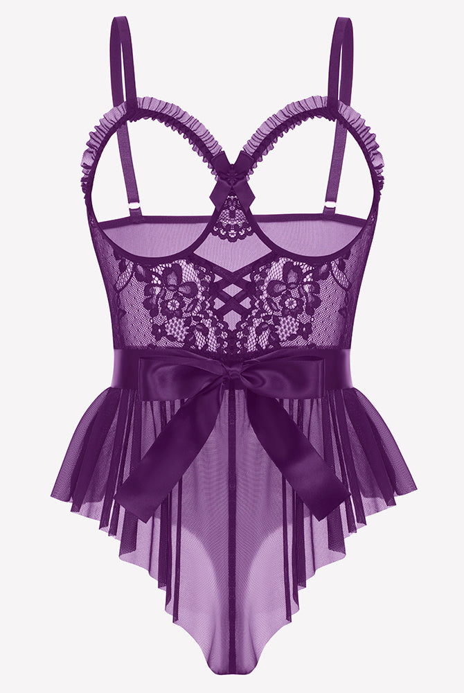 Purple lace ruffle mesh bodysuit front, crisscross lace panel, satin ribbon tie