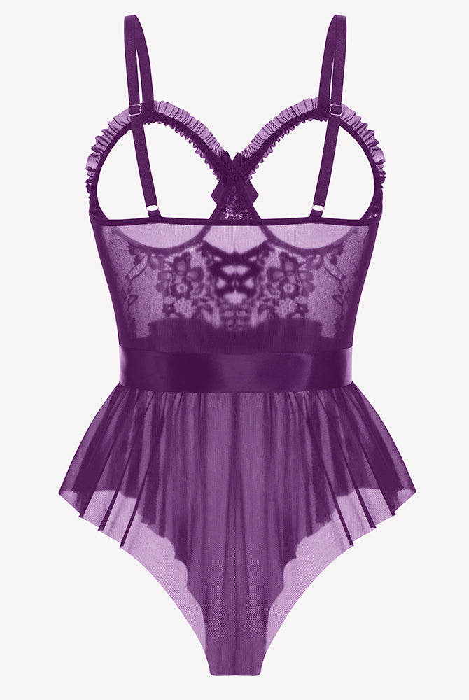 Purple lace ruffle mesh bodysuit front view with satin waist tie and underwire cups