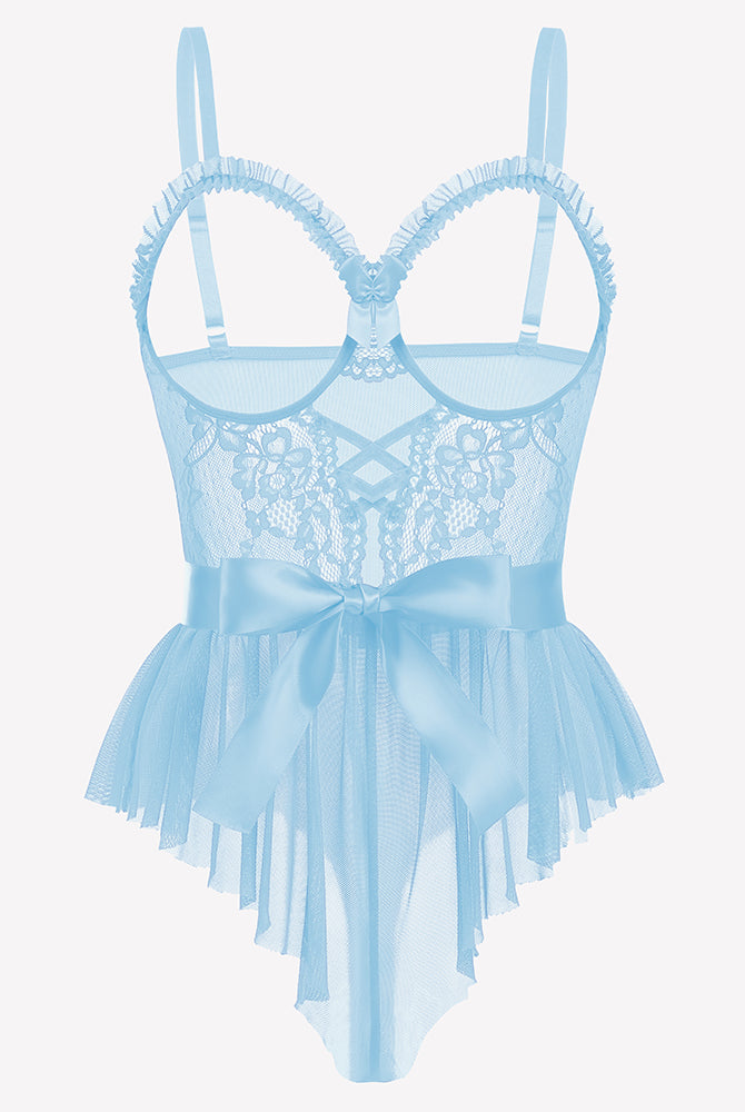 Light blue lace ruffle mesh bodysuit with scalloped edges and satin-tie detail